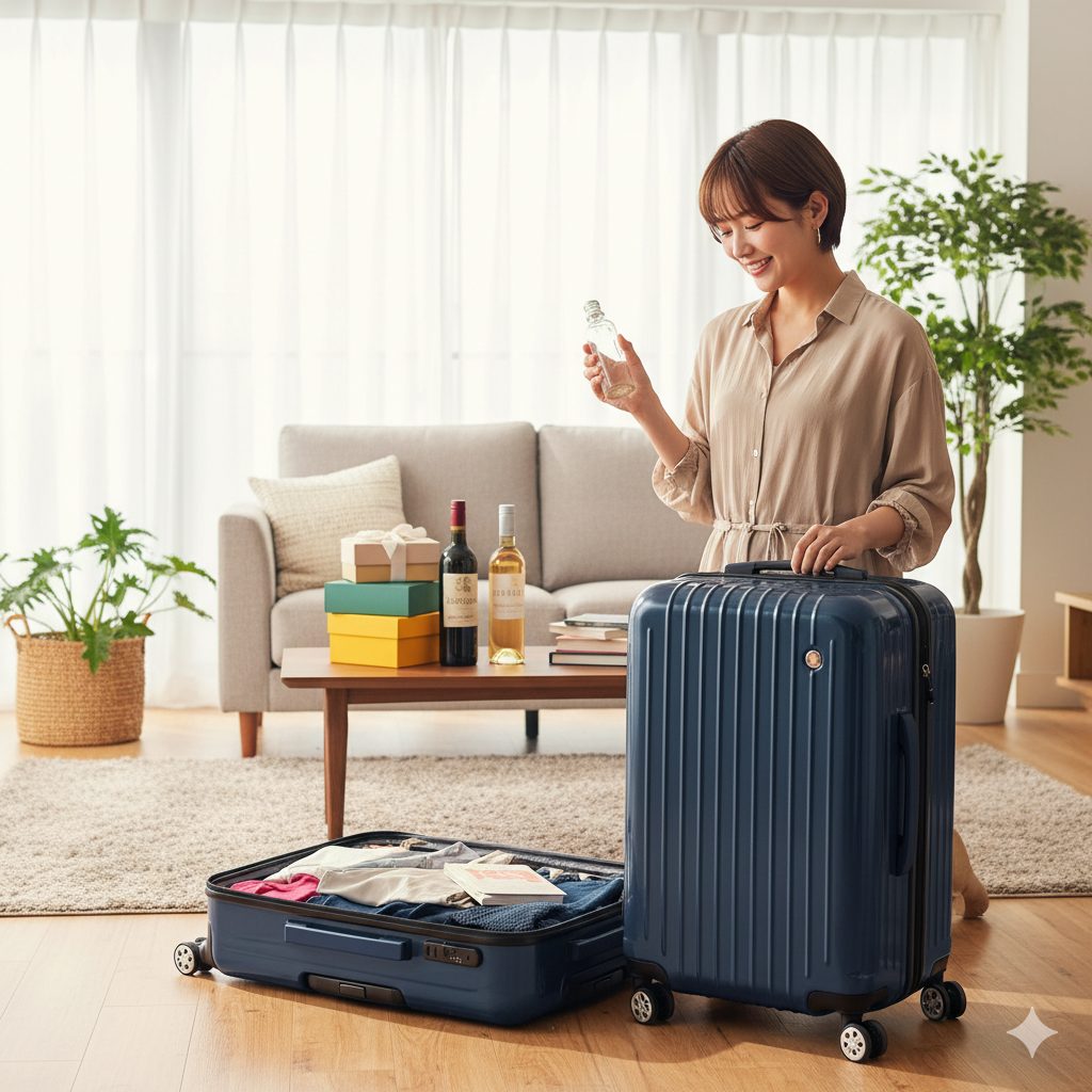 明るいリビングで、ネイビーのスーツケースの隣にしゃがみ、旅行の荷造りをする笑顔の女性。手には小さなボトルを持っている。