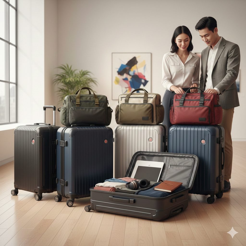 明るいリビングルームで、様々なサイズと色のスーツケースや旅行バッグに囲まれながら、旅行の準備をする楽しそうな様子の日本人夫婦。