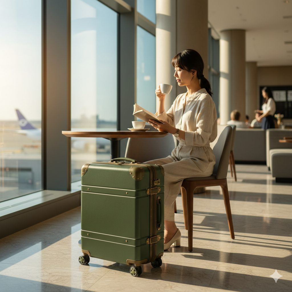 空港ラウンジに置かれた、高級感のあるレトロなデザインのタビトラ風スーツケース
