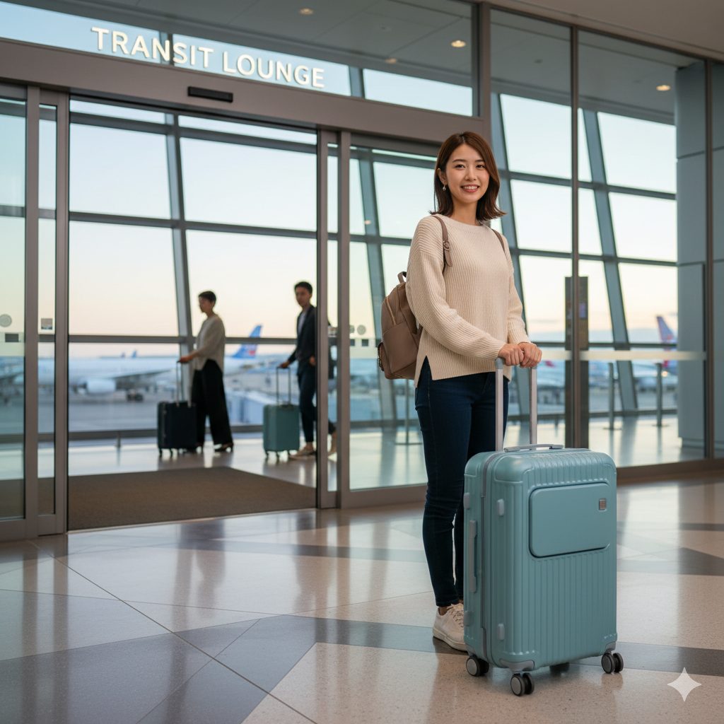 空港のトランジットラウンジ前で、水色のスタイリッシュなスーツケースを引いて立つ笑顔のアジア人女性。旅の始まりを予感させる明るい雰囲気。