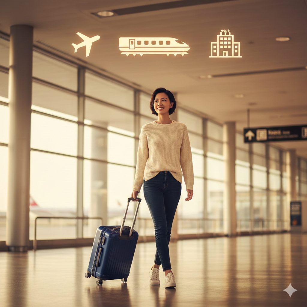 飛行機、新幹線、ホテルなどの移動と宿泊のアイコンが並ぶ、ワクワクするような旅行のイメージ。旅慣れた様子の日本人女性がスタイリッシュなスーツケースを引いている。