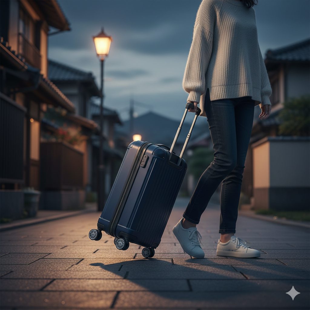 住宅街の静かな夜間に、静音キャスターを搭載したスーツケースを引く日本人女性の足元をクローズアップした画像。キャスターがスムーズで静かに動いている様子を表現。