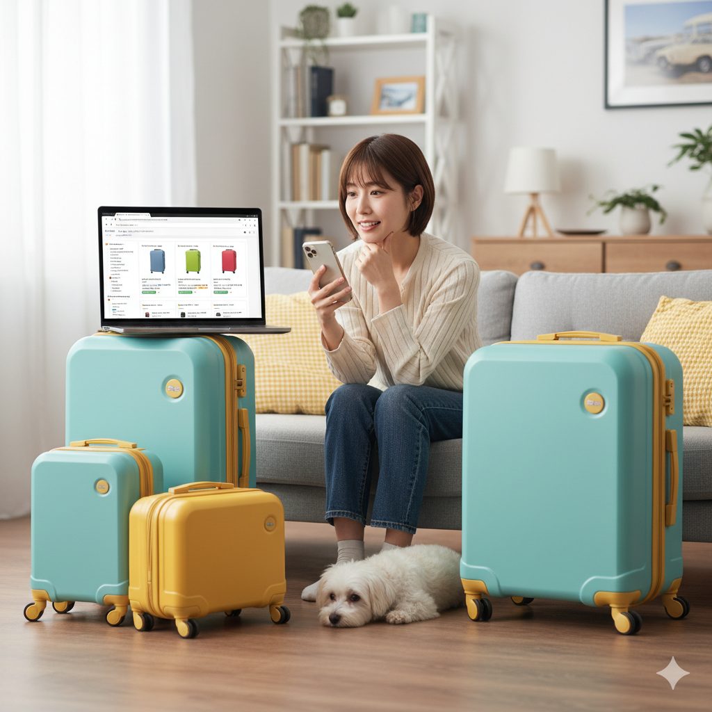 自宅のリビングでソファに座り、スマートフォンを操作しながらノートパソコンでたくさんのスーツケースを比較検討している日本人女性。足元には数個のカラフルなスーツケースが置かれ、犬も寄り添っている。