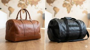 茶色の革製ボストンバッグと黒のタフな素材のダッフルバッグを並べた比較写真。それぞれの形状と素材の違いが明確に分かる。