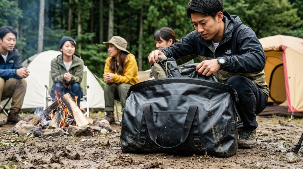 キャンプ場で、泥が付いた黒い防水ターポリン素材のダッフルバッグからキャンプ道具を取り出す日本人男性の様子。タフでラフな使用シーンが伝わる。