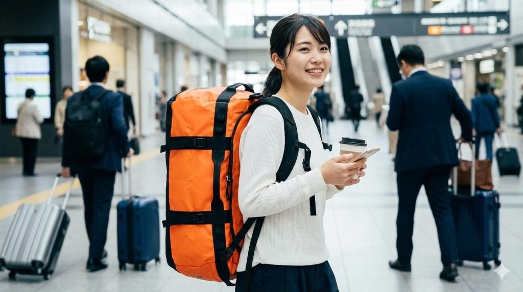 混雑した駅の構内で、鮮やかなオレンジ色のアウトドアブランド製ダッフルバッグをリュックのように背負い、両手を自由に使える状態で笑顔で歩く日本人女性の様子。