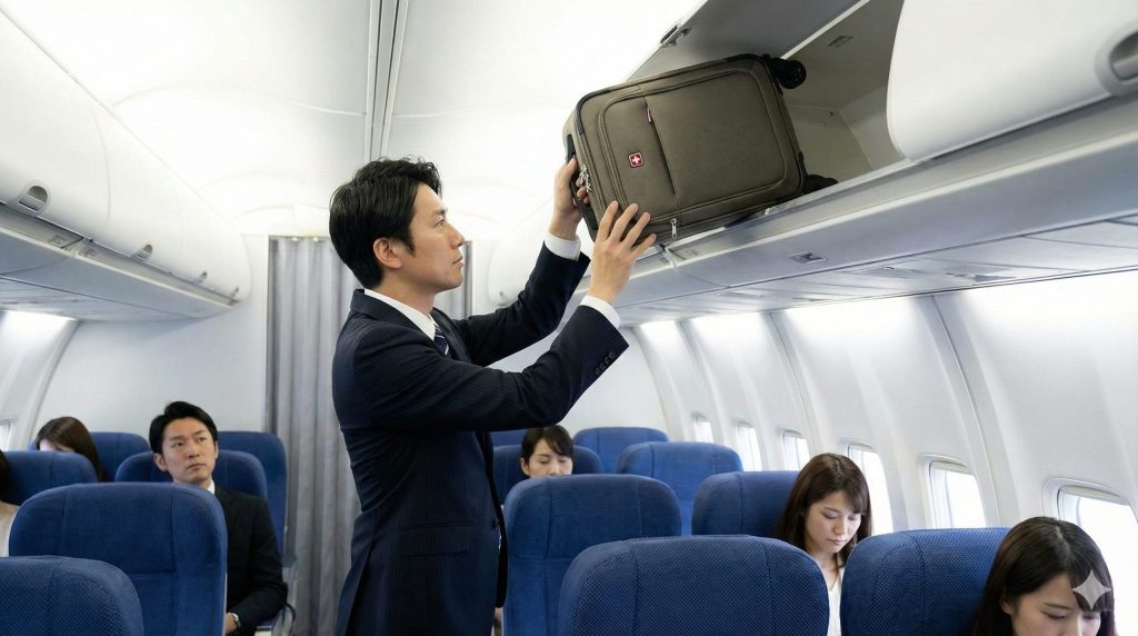 飛行機の機内で、スーツを着た日本人ビジネスマンがスイスミリタリーの機内持ち込みサイズスーツケースをスムーズに頭上の棚に収納している様子。出張シーンでの利用を想定。