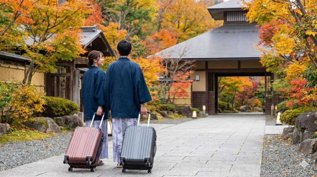 秋の美しい日本の温泉街に到着し、24インチサイズ（約60L?70L）のスイスミリタリーのスーツケースを引く浴衣姿の日本人カップル。1週間程度の旅行に適したサイズ感と、風情ある旅の様子を示しています。
