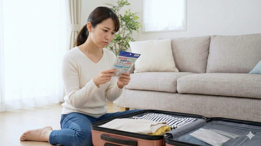 旅行準備中に、開いたスーツケースの前で防虫剤のパッケージを見ながら効果について考えている日本人女性の様子。