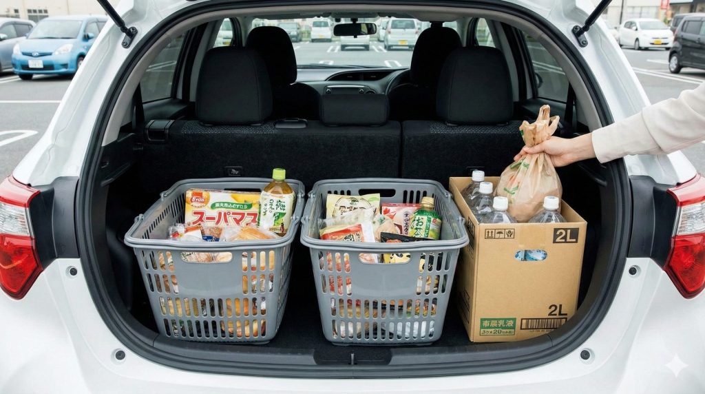 スーパーの駐車場で、トヨタ ヤリスのトランクに日常の買い物荷物を積んでいる様子。満杯の買い物カゴ2個と2Lペットボトル6本入りの段ボールケース1箱が余裕を持って収まっており、アジア人女性の手が追加の買い物袋を置こうとしている。