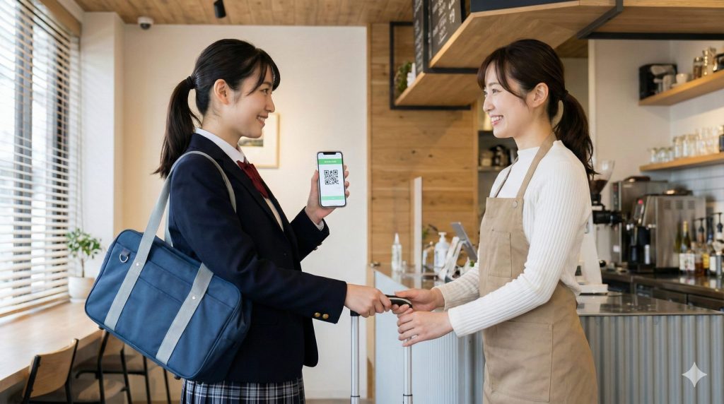 カフェで、日本の女子受験生がスマートフォンに表示されたQRコードを店員に見せ、スーツケースを預ける手続きをしている様子。荷物預かりサービスの利用シーン。