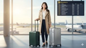 洗練された空港ターミナルで、憧れの高級ブランドのスーツケースを嬉しそうに手にする、おしゃれな日本人女性旅行者の様子。海外旅行の準備が整い、自信に満ちた表情。