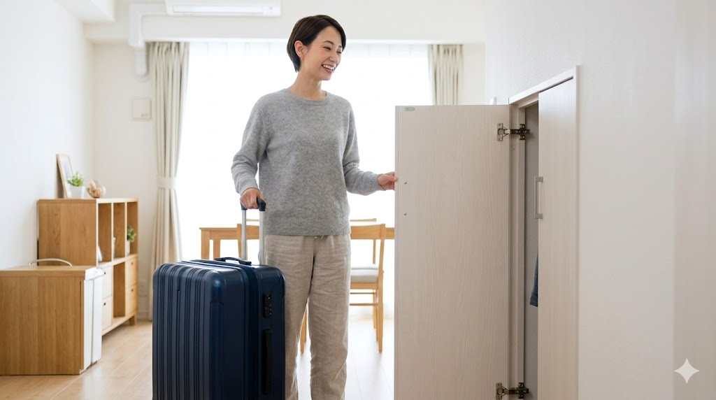 都内の整理されたワンルームマンションで、レンタルした大きな紺色のスーツケースを嬉しそうにクローゼットへ運ぶ日本人女性。保管スペースが不要になり、部屋を広く使えるメリットを実感している。