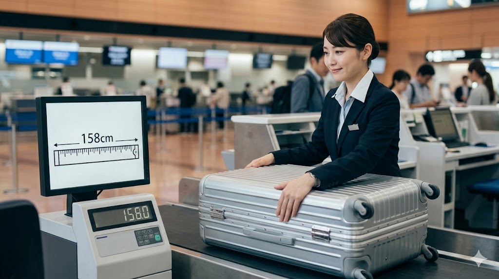 空港のカウンターで、日本人グランドスタッフがスーツケースを計量器付きコンベアに乗せ、規定サイズ内であることを確認している。安心して預け入れができる様子。