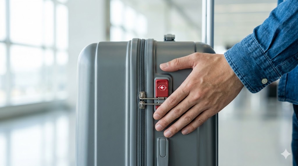 空港ターミナルで、日本人男性の手がTSAロックを操作する様子。米国運輸保安局認定の赤いロゴマークが確認できる、セキュリティー万全な鍵の拡大写真。