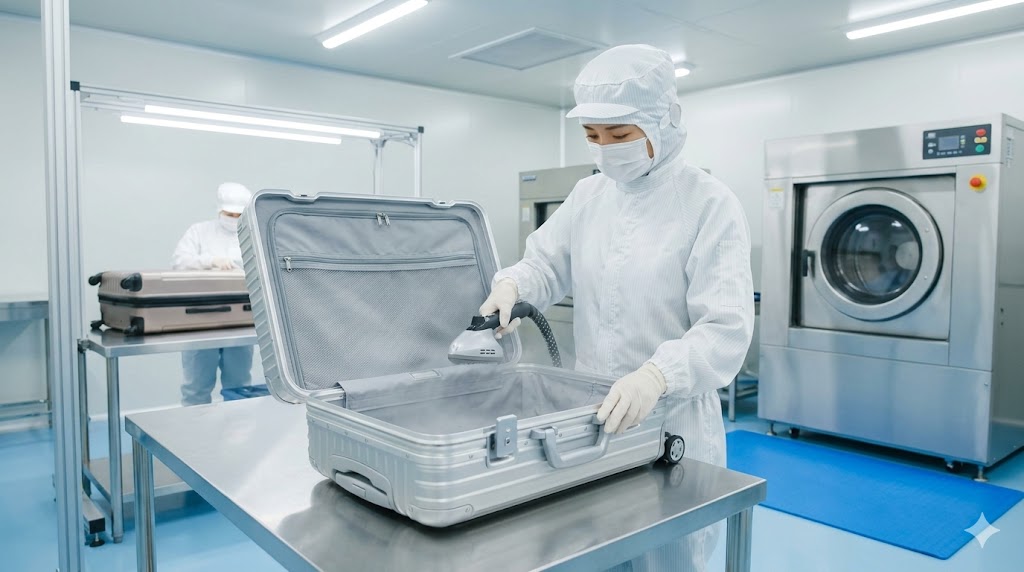 スタッフがスーツケースの内装をスチームクリーナーで丁寧に殺菌・消臭洗浄している様子。徹底したクリーニングプロセスが確認できる。