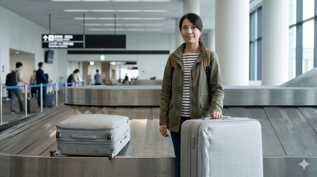 空港の手荷物受取所で、日本人女性旅行者が、自身のスーツケースの横に、キャスターが破損した別のスーツケースが流れてくるのを見ている。無料補償のおかげで、万が一の破損にも安心であることを実感している様子。