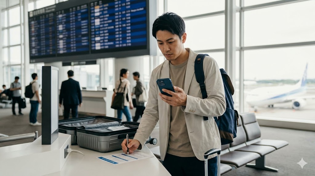 日本の国際空港で、海外旅行の出発前にスマートフォンでeSIM「skyesim」の設定手順を確認している日本人旅行者の男性の様子