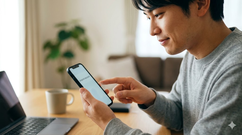 自宅のテーブルで、スマートフォンを操作し、eSIM対応機種であることを示す「EID」の32桁の数字を確認している日本人男性の手元と表情。